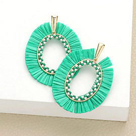 Raffia Trimmed Open Oval Dangle Earrings