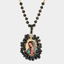 Virgin Mary Cross Printed Faceted Bead Cluster Pendant Long Necklace