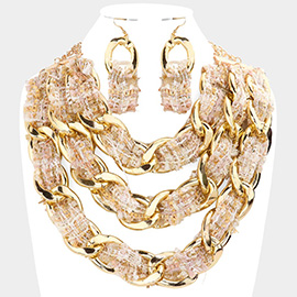 Tweed Fabric Metal Chain Link Triple Layered Bib Necklace