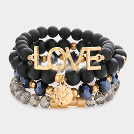 4PCS - LOVE Message Heart Charm Accented Semi Precious Wood Ball Stretch Bracelets