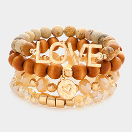 4PCS - LOVE Message Heart Charm Accented Semi Precious Wood Ball Stretch Bracelets