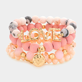 4PCS - LOVE Message Heart Charm Accented Semi Precious Wood Ball Stretch Bracelets