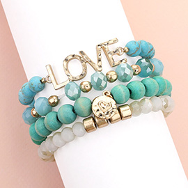 4PCS - LOVE Message Heart Charm Accented Semi Precious Wood Ball Stretch Bracelets