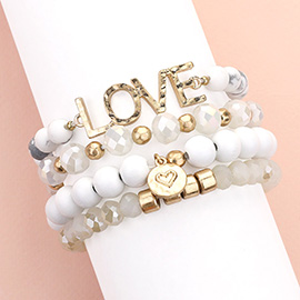 4PCS - LOVE Message Heart Charm Accented Semi Precious Wood Ball Stretch Bracelets