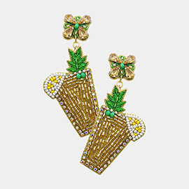 Felt Back Embroidery Leaf Beaded Lemon Mojito Cocktail Dangle Earrings