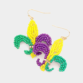 Felt Back Mardi Gras Seed Beaded Fleur de Lis Dangle Earrings