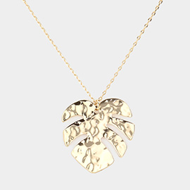 Hammered Metal Tropical Leaf Pendant Necklace