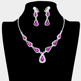 Teardrop Stone Accented Rhinestone Pave Necklace Clip on Earring Set