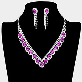 Oval Stone Accented V Shaped Rhinestone Necklace