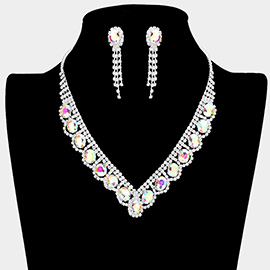 Oval Stone Accented V Shaped Rhinestone Necklace