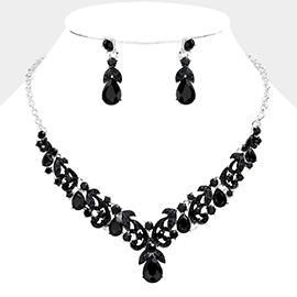 Teardrop Stone Accented Leaf Cluster Evening Necklace