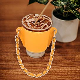 Faux Leather Coffee Cup Sleeve With Metal Chain Suede Strap