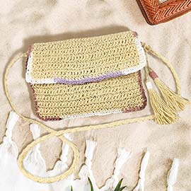 Double Tassel Pointed Color Block Straw Crossbody Bag