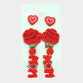 2Pairs - Felt Back Seed Beaded Heart Flower Mom Message Earrings