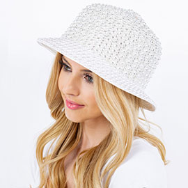 Pearl Rhinestone Embellished Straw Bucket Hat