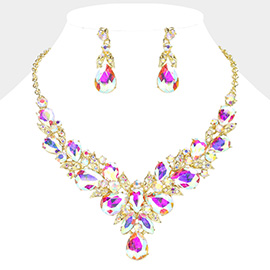 Leaf Cluster Multi Stone Embellished Evening Necklace