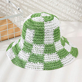 Checkerboard Patterned Straw Bucket Hat