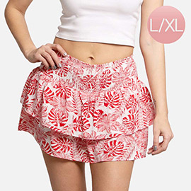 Tropical Leaf Patterned Ruffle Tiered Mini Skirt