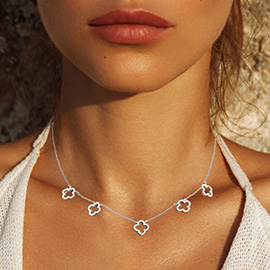 White Gold Dipped CZ Quatrefoil Pendant Station Necklace