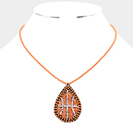 Felt Back Sequin Beaded Basketball Teardrop Pendant Necklace