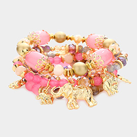 5PCS - Metal Elephant Charm Multi Beaded Stretch Bracelets