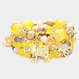 5PCS - Metal Elephant Charm Multi Beaded Stretch Bracelets