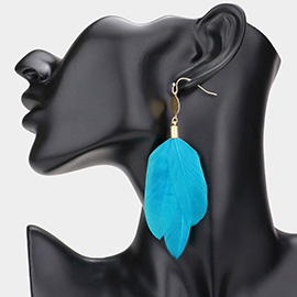 Metal Disc Feather Link Dangle Earrings