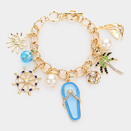 Sun Ship Wheel Pearl Flip Flop Palm Tree Sailboat Charm Toggle Bracelet