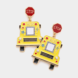 Stop Message Enamel School Bus Dangle Earrings