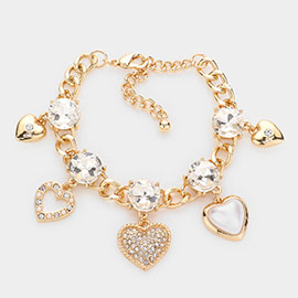 Pearl Stone Embellished Heart Charm Bracelet