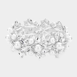 Pearl Embellished Marquise Stone Leaf Stretch Evening Bracelet