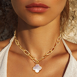 Gold Dipped Mother of Pearl Quatrefoil Pendant Necklace