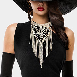 Round Stone Pointed Long Dropped Rhinestone Fringe Choker Necklace