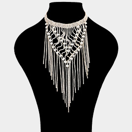 Round Stone Pointed Long Dropped Rhinestone Fringe Choker Necklace