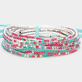 12PCS - Ribbon Colorful Rhinestone Layered Stretch Bracelets