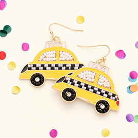 Seed Bead Embellished Enamel Taxi Dangle Earrings