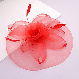 Mesh Flower Pearl Feather Fascinator / Headband