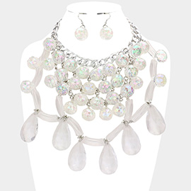 Lucite Bead Cluster Teardrop Link Statement Necklace