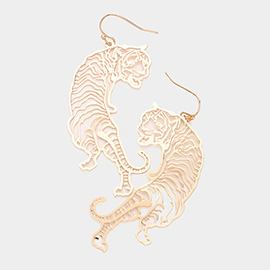 Cut Out Brass Metal Tiger Dangle Earrings