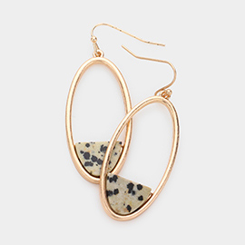 Semi Precious Accented Open Metal Oval Dangle Earrings