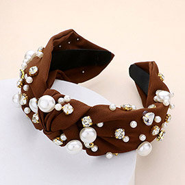 Pearl Round Stone Embellished Knot Burnout Headband