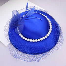 Mesh Flower Feather Pearl Trimmed Fascinator / Headband