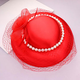 Mesh Flower Feather Pearl Trimmed Fascinator / Headband