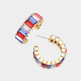 American USA Flag Baguette Stone Cluster Hoop Evening Earrings