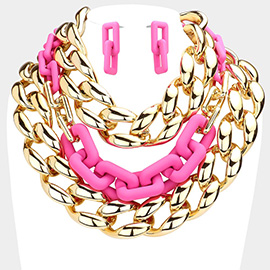 Chain Colored Open Rectangle Link Triple Layered Necklace