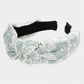 Pearl Embellished Flower Patterned Knot Burnout Headband