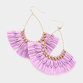 Open Teardrop Raffia Fan Tassel Dangle Earrings