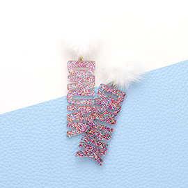 Pom Pom Glittered Resin Drunk Message Link Dangle Earrings