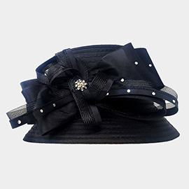 Stone Embellished Bow Accented Dressy Hat