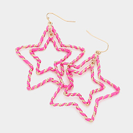 Raffia Wrapped Double Open Metal Star Link Dangle Earrings